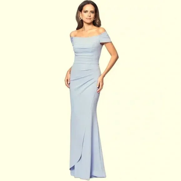 Xscape Sky Blue Ruffled Off-The-Shoulder Gown - Picture 2 of 2